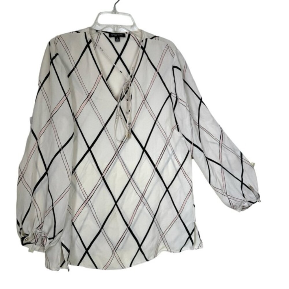 Etcetra 100% Silk Blouse Tunic Check Crew Neck Ties Slits Balloon Sleeves Geo M